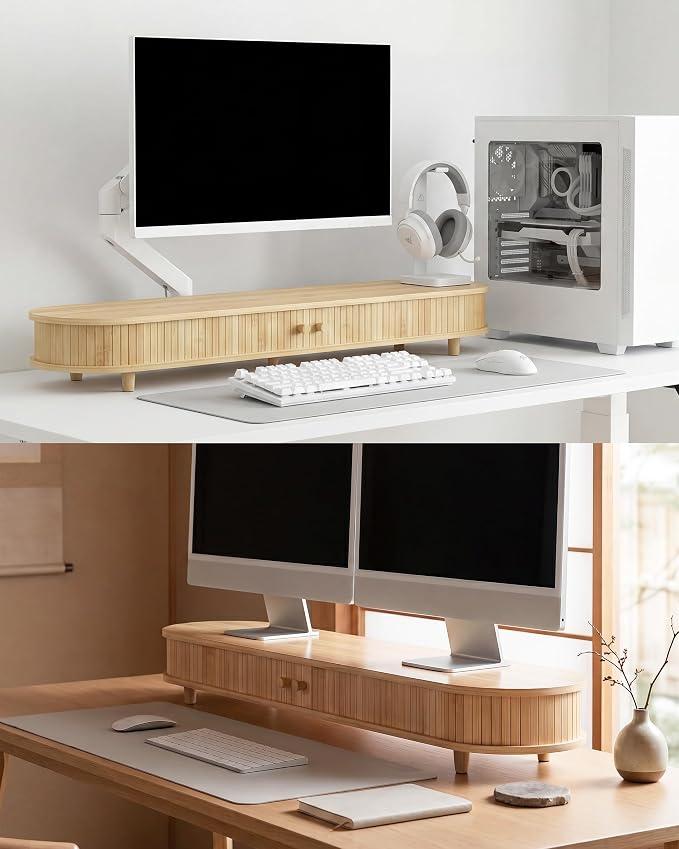 Bamboo Dual Monitor Stand with Storage, 42 Inch Desk Shelf Riser | Curved Double Computer Laptop Stand Desk Shelf Organizer with Sliding Doors for 55-72 Inch Desk - Image 7