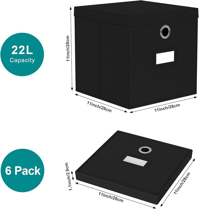 Pezin & Hulin Fabric Storage Cubes with Lids, 6-Pack, 11x11x11 in, Black | Collapsible Fabric Bins for Closet, Foldable Stackable Organizer Boxes with Label Cards - Image 3