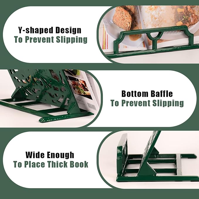 Vintage Cookbook Stand, Durable Wrought Cast Iron Recipe Book Holder for Kitchen Counter, Large Metal Cook Book Stand with Pumpkin Design, Green - Image 5
