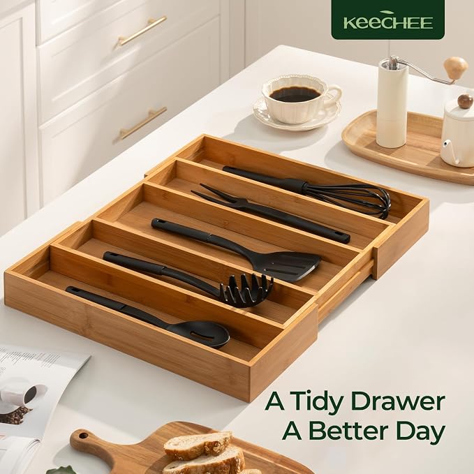 Carbonized Bamboo Kitchen Drawer Organizer, 5 Slots Expandable Silverware Organizer, Utensil Holder & Cutlery Tray, 2.2" Deep for Extra Capacity, Non-Slip Feet Included. - Image 9