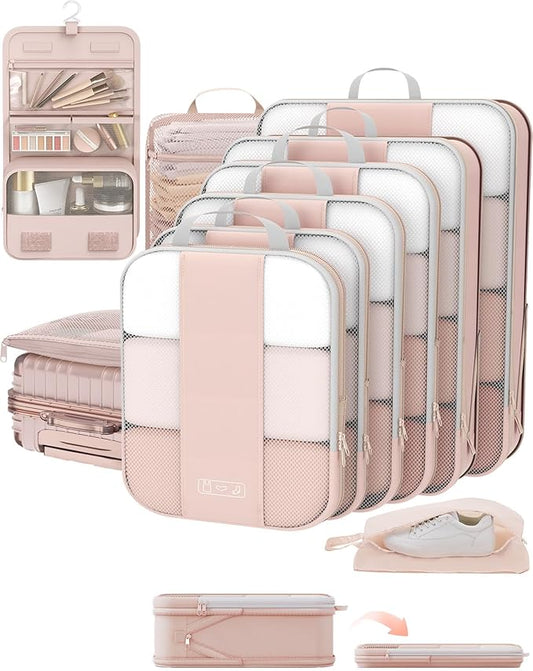 10 Set Compression Packing Cubes for Travel Gifts Women Mom,OlarHike Luggage Clothes Organizer for Travelers,Airplane/Cruise/Car/Train Travel Essentials,Compressible Expandable Saver Space Bags(Beige)