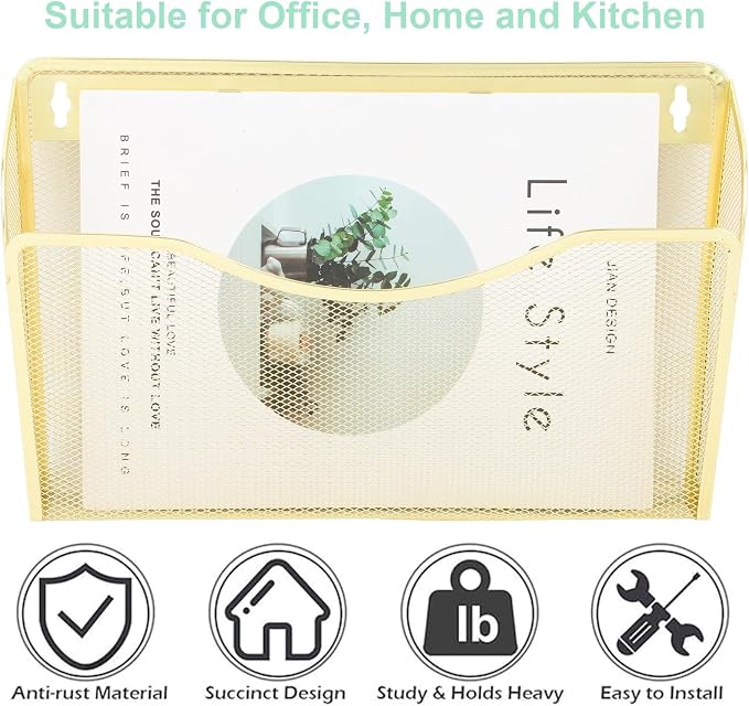 3 Single Pocket Mesh Hanging File Organizer, Vertical Wall Mounted Magazine File Holder, Mount Basket Mail Paper Document Folder Organizing for Office, Home and School, Gold - Image 5