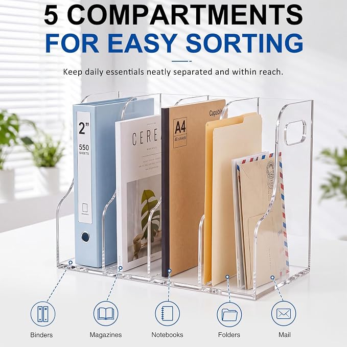 Acrylic Magazine Holder, 5 Vertical Compartments Files Sorter Organizer Rack, Clear Desk Document Storage Bin For, Magazines, Binders, Books, Home Office Workspace Desktop Organization - Image 6