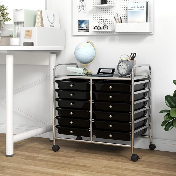 GOFLAME 12-Drawer Rolling Storage Cart, Multifunctional Art Craft Organizer Cart, Mobile Utility Storage Cart with Removable Drawers & Lockable Wheels, Craft Cart for Home Office School, Black - Image 4
