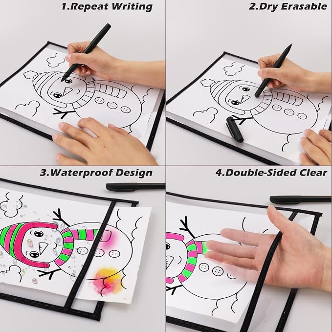 80 Packs Dry-Erase Pockets Bulk Oversized Reusable Dry Erase Pocket Sleeves with 5 Rings, 10x14 Black Ticket Holders, Clear Plastic Sheet Protectors, Teacher School Classroom Supplies - Image 3