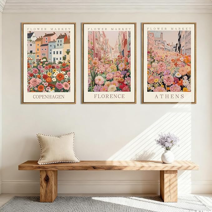 IARTTOP Large Framed Pink Matisse Canvas Wall Art 16x24 Inch Colorful Flower Market Wall Decor Boho Botanical Art Prints for Living Room Bedroom Office Set of 3