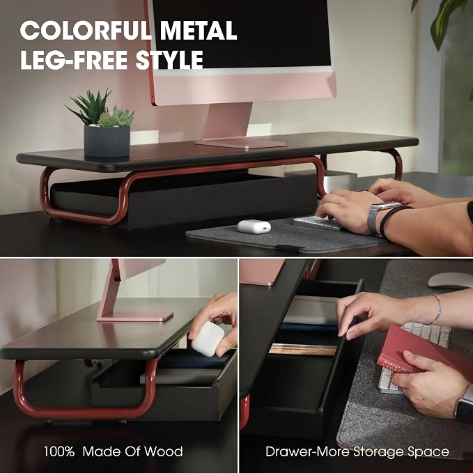 Fenge Solid Wood Monitor Stand Riser with Large Drawer Storage, Black | Fully Assembled, 37.4W x 9.8D x 4.8H, Holds up to 110 lbs, Minimalist Home Office Desk Setup - Image 3