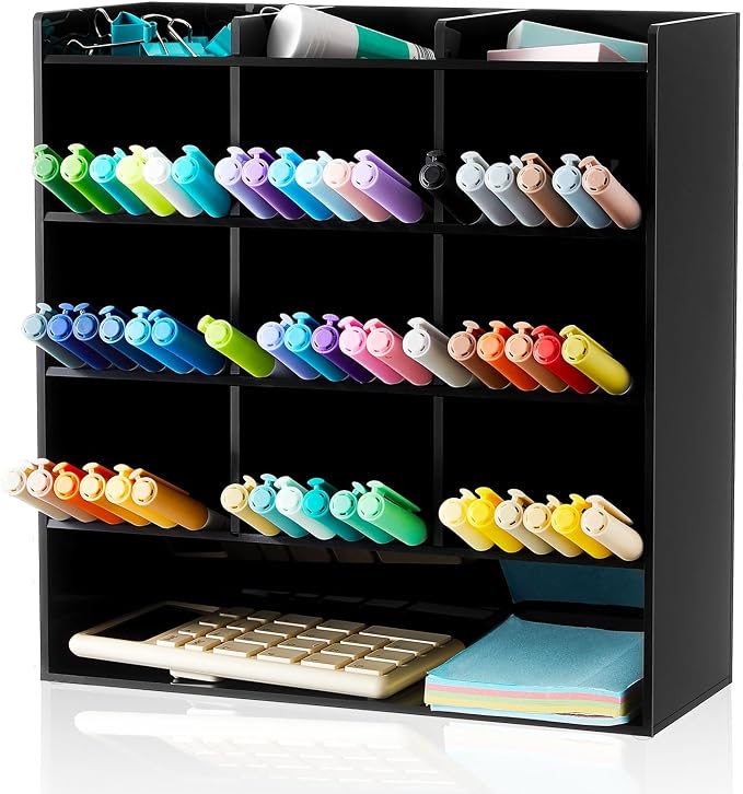 MotiMind Acrylic Pen Organizer Storage for 150 Markers Vertical Marker Organizer Acrylic Pen Display Holder for Office Desk Desktop Stationery Pencil Storage, Black, 10.2 x 4 x 9.8 Inch by MotiMind