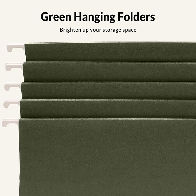 SUNEE Hanging File Folders, 100 Pack Reinforced Hang Folders Letter Size, Adjustable 1/5-Cut Tabs, Designed for Bulky Files, Filing Cabinet, Standard Green - Image 3
