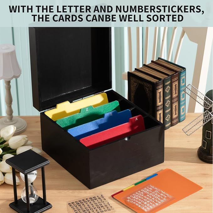 5 x 8 Inch Index Card Holder Set, Bamboo Organizer Box with 50 Dividers & 2 Sheets Alphabet Number Stickers File Note Holders, Holds 1200 Cards for Office Business Home Kitchen, Black - Image 5