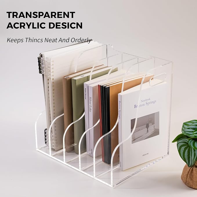 5 Vertical Compartments File Holder, Clear Acrylic Desk Organizer and Storage Bins Holding for Magazines, Binders, Notebooks, Envelopes, Multi-purpose Document Organizer for Home Office - Image 6