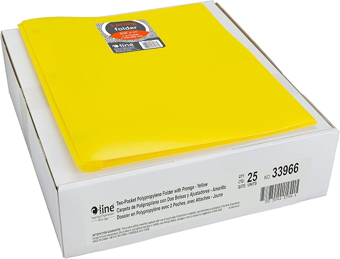 C-Line Two-Pocket Heavyweight Poly Portfolio with Prongs, For Letter Size Papers, Includes Business Card Slot, 1 Case of 25 Portfolios, Yellow (33966-25) - Image 2