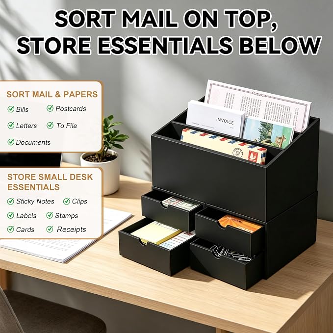 2 Sets Desktop Mail Organizer with Drawers, 3-Compartment Stepped Mail Sorter and 2-Drawer Storage Box for Bills, Letters, Envelopes, Papers, Home Office, Reception, Entryway and Mailroom - Image 3