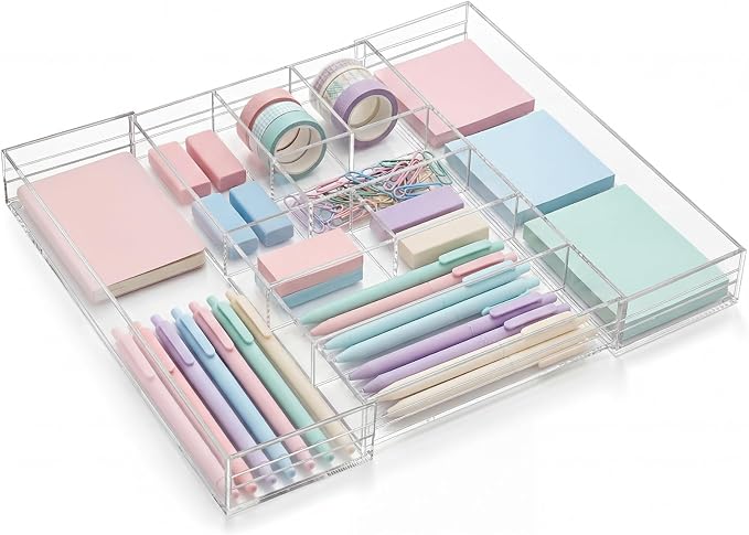 Briwooody Clear Acrylic Drawer Organizer Expandable,9 Compartments,Large | 9'' up to 18'' x 12'' x 2.1'' Desk Drawer Organizer Trays Adjustable with Desk Accessories for Makeup Office Bathroom by Briwooody