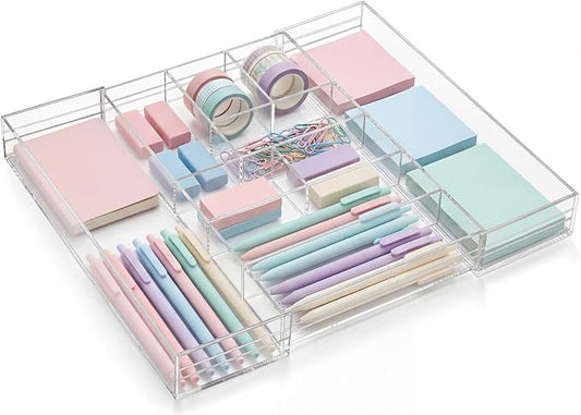 Briwooody Clear Acrylic Drawer Organizer Expandable,9 Compartments,Large | 9'' up to 18'' x 12'' x 2.1'' Desk Drawer Organizer Trays Adjustable with Desk Accessories for Makeup Office Bathroom by Briwooody