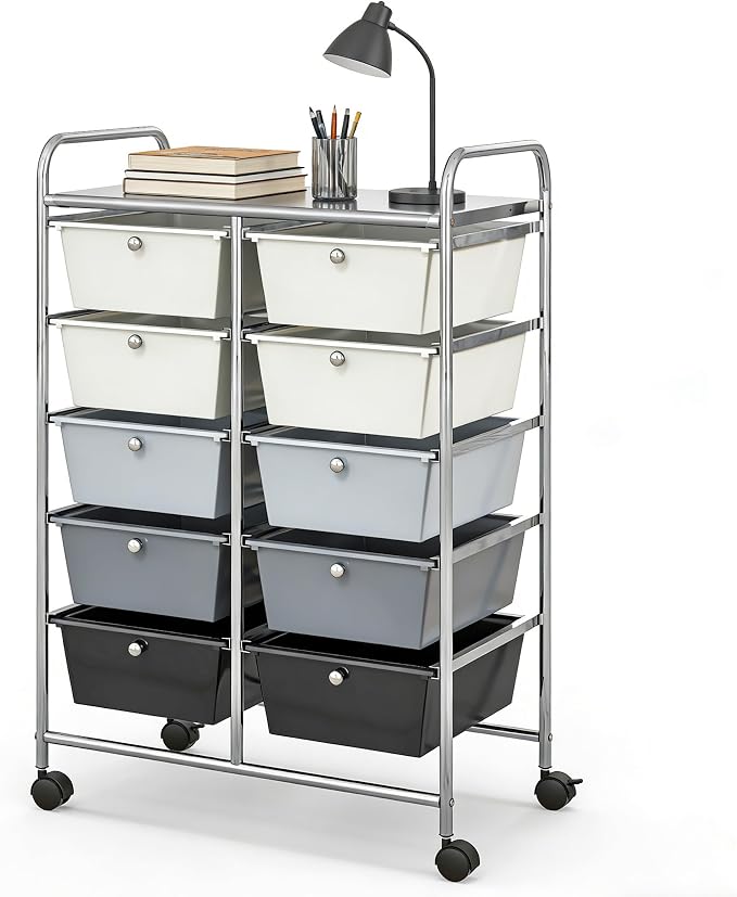 COSTWAY 10 Drawer Rolling Storage Cart, Utility Cart with Lockable Wheels | Mobile Art Supply Craft Organizer with Metal Frame, Multipurpose Drawer Cart for Paper for Office, School, Gray Gradient by COSTWAY