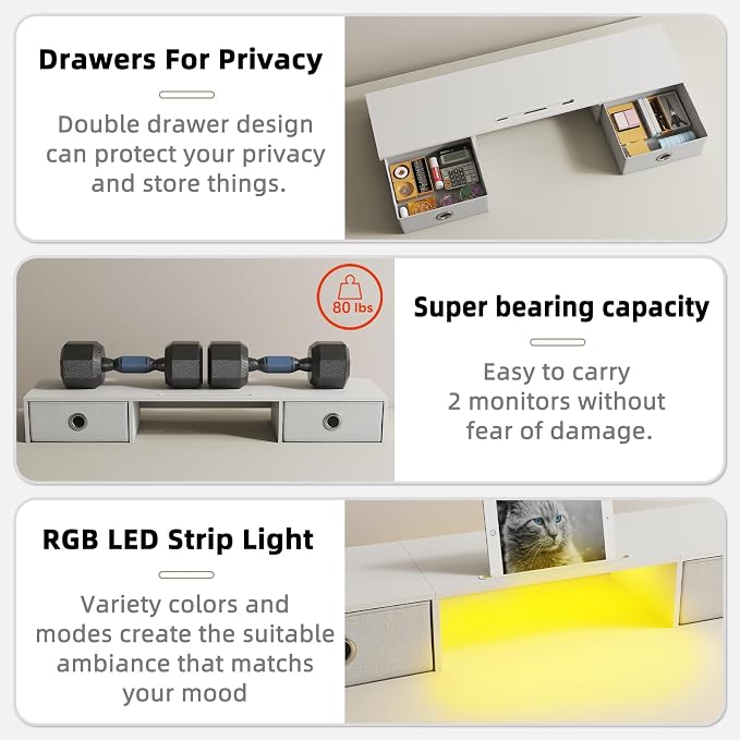 YAOHUOO Dual Monitor Stand with LED Light 2 Drawers, Computer Monitor Riser for 2 Monitors, Large Desktop Organzier with Storage for PC/Laptop/Computer/TV Screen/Printer - Image 3