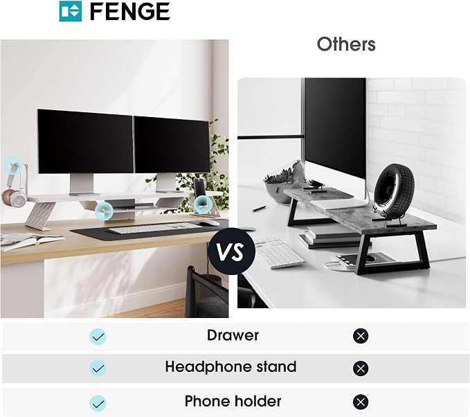 Fenge Dual Monitor Stand, Wooden Desk Shelf with Headphone & Phone Holder | 42.5" Monitor Riser with Storage Shelf, 2-Tier Monitor Shelf with Metal Leg for Home Office Organizer, White - Image 5