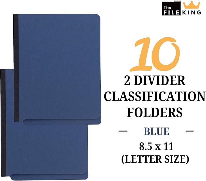 The File King Two Divider Pressboard Classification Blue File Folder - Letter Size | Box of 10 | End Tab | 2” Expansion | Six 2-Inch Fastener Prongs | Made in America - Image 2