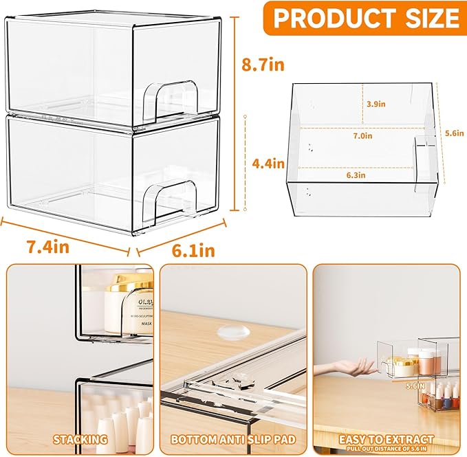 2 Pack Clear Stackable Storage Drawers,4.4'' Tall Acrylic Drawer Containers for Organizing,Bathroom Organizers and Storage Bin Box,Plastic Makeup,Medicine Organizer Bins for Cabinet,Undersink - Image 3