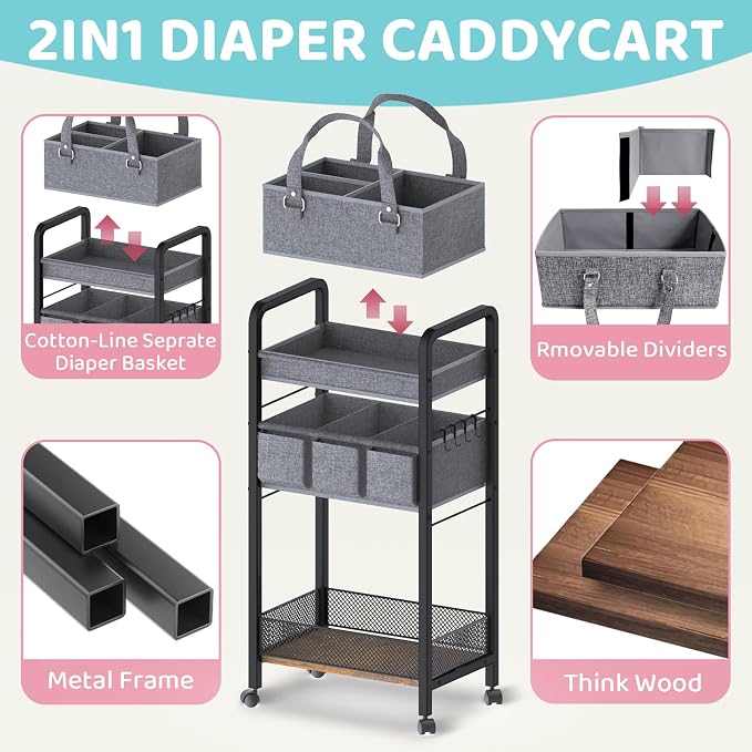 2IN1 Baby Diaper Caddy Organizer-3 Tier Rolling Storage Cart with Dividers - Bedside Diaper Caddy Cart for Baby Nursery Newborn Essentials-Mobile Utility Carts with Wheels for Changing Table - Image 7