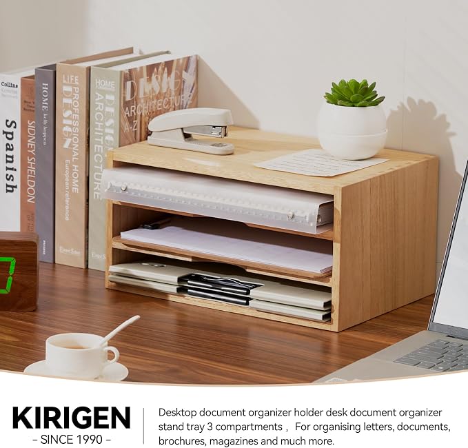 KIRIGEN Wooden Desk Organizer 3-Tier Letter Tray and Paper Sorter, Natural | Solid Wood Paper Tray Document Holder Organizer for Letters, Files, Folders, Mail, Magazines and Office Supplies - Image 5