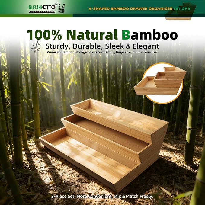 BAMOTTO CRAFTBAMBOO Large Long V-Shaped Bamboo Drawer Organizer Set of 3 | Silverware & Cutlery Tray | Flatware & Utensil | Kitchen & Bathroom | 19.6"×5.7" & 19.6"×7.8" & 19.6"×12.4" - Image 6