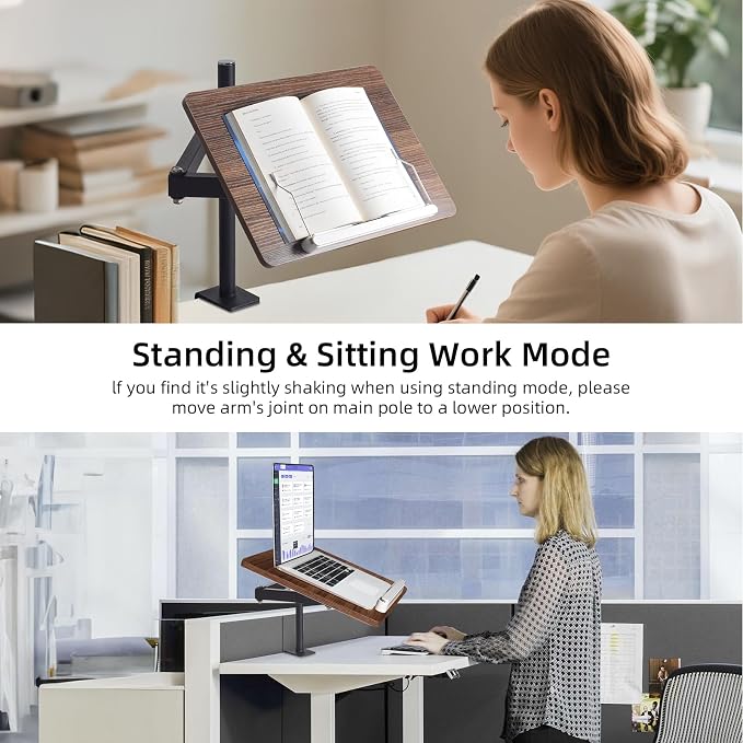 Adjustable Book Stand with Desk Clamp Mount, Wooden Reading Holder with Metal Arm, Black - Image 6