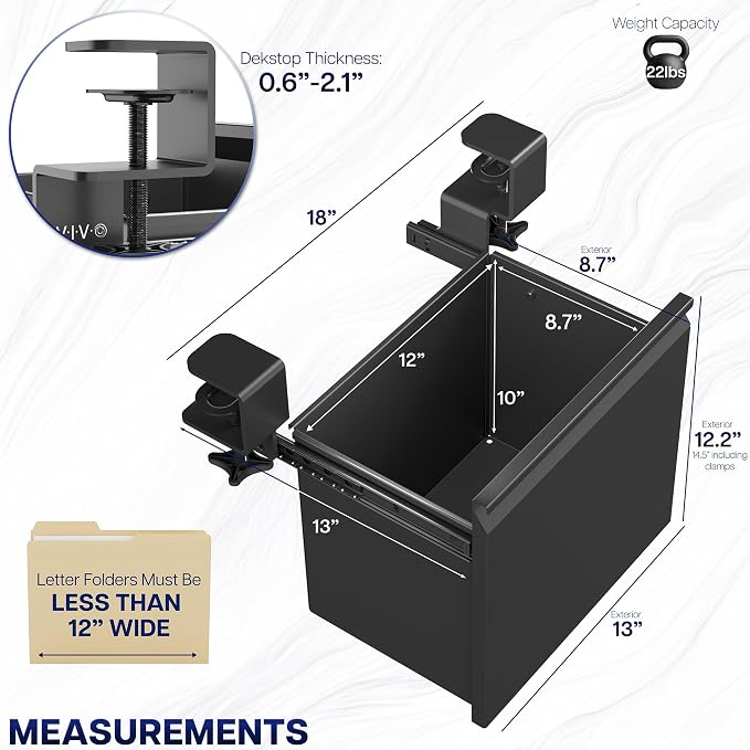 VIVO Black Clamp-on Under Desk Filing Cabinet, MOUNT-FCD1C-B | Metal Office Storage Drawer, Holds 22 lbs, for 8.5 x 11 inch Letter-Size Folders - Image 2
