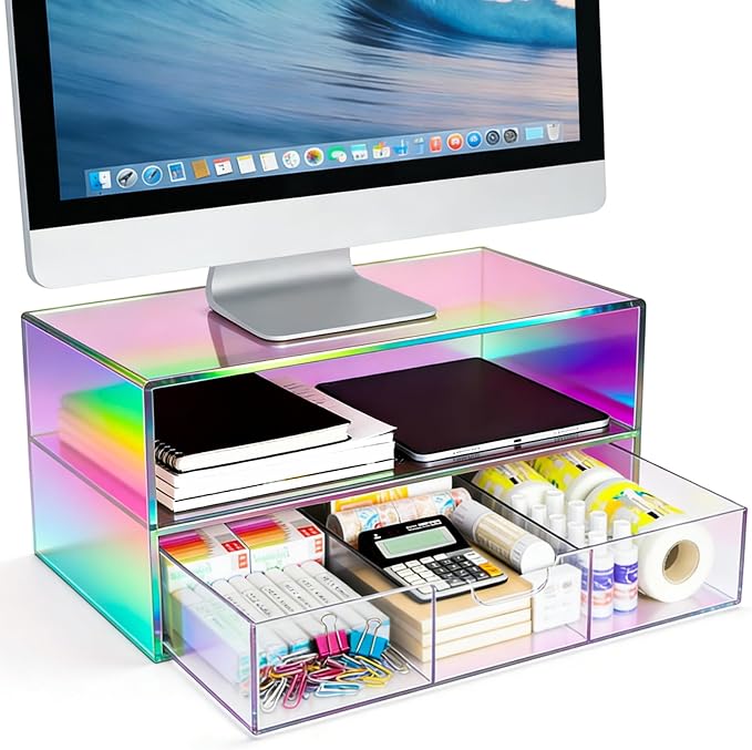 Gelite Acrylic Computer Monitor Stand for Desk Monitor Riser with Drawer Desktop Monitor Shelf with Storage, Iridescent by Gelite