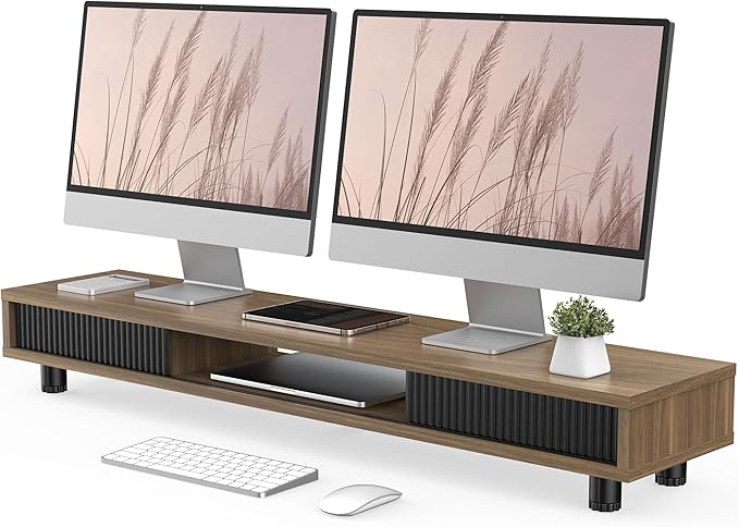 Fenge Dual Monitor Stand with Storage, Desk Shelf with Glass Sliding Door | Ergonomic Height Adjustment, 42.5in Monitor Shelf, 2-Tier Monitor Riser, Desk Organizer for Screen, PC, Laptop, Brown by Fenge