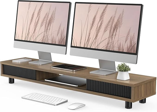 Fenge Dual Monitor Stand with Storage, Desk Shelf with Glass Sliding Door | Ergonomic Height Adjustment, 42.5in Monitor Shelf, 2-Tier Monitor Riser, Desk Organizer for Screen, PC, Laptop, Brown by Fenge