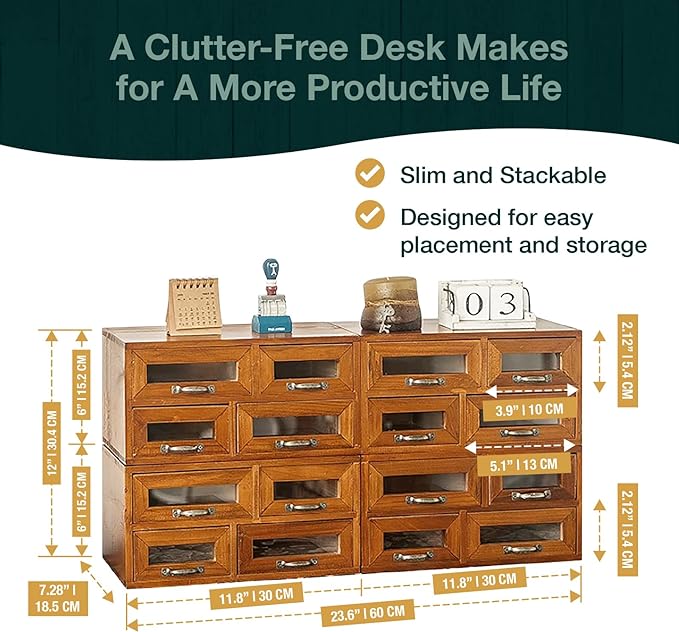 Stackable Modular Tiered Set of 4 Store and Display Wooden Desktop Organizing Cabinets - 16 Drawer Wood Display Chest with 4 See-through Slots - 16-Drawer Storage for Table, Dresser or Countertop - Image 2