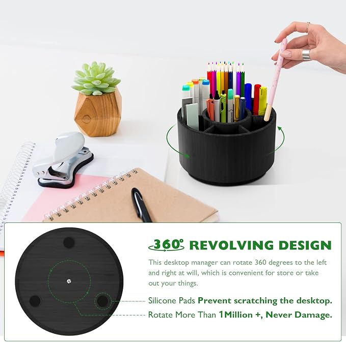 Bamboo Rotating Pencil Holder for Desk, Desk Organizer with 7 Compartments | Office Supplies Desktop Storage Caddy for Colored Pencils, Markers, Crayon, Comestics and Cutlery(Black ) - Image 6