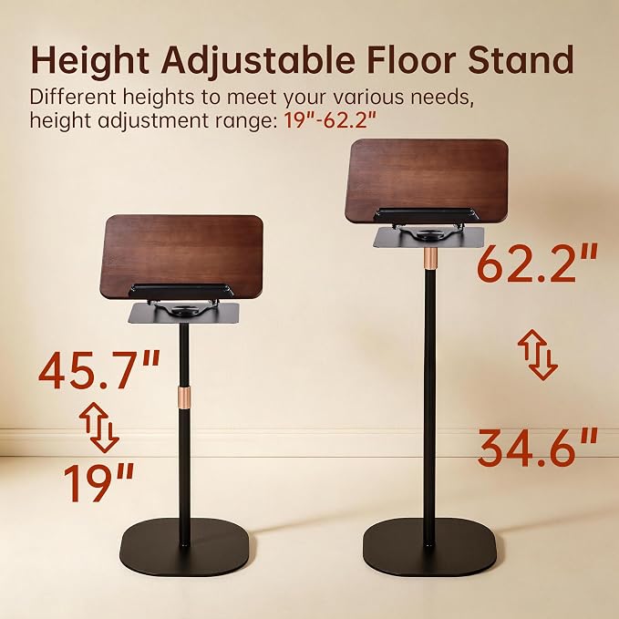 2-in-1 Floor & Desktop Book Stand, Adjustable Reading Music Podium | Portable Dual-Use 19"-62.2" Music Sheet Display, Laptop, Cookbook, Projector Stand Holder, 360° Rotate, Page Clip, Wood - Image 4