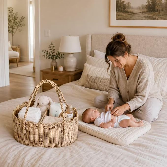 Diaper Caddy Organizer, Paper Rope Storage Baskets Nursery Bin with Removable Divider, Portable Car Organizer for Diapers, Baby Shower Gifts, Newborn Essentials Must Haves (Beige) - Image 4