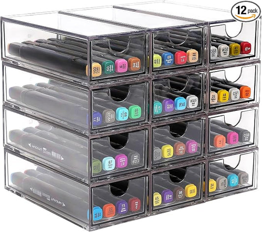 Desk Organizer with Drawers, Stackable Plastic Storage Drawers for Makeup or Desk Organization, Cabinets for Office Dressing Countertop Bathroom Bedroom (12 Packs) by WUHUME