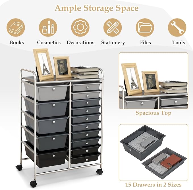 Moccha 15-Drawer Rolling Storage Cart - Under Desk Storage Drawers with wheels for Craft Art Supply Paper Salon, Scrapbook Paper Tools, Mobile Utility Cart for Classroom (15 Drawers, Gradient Grey) - Image 7