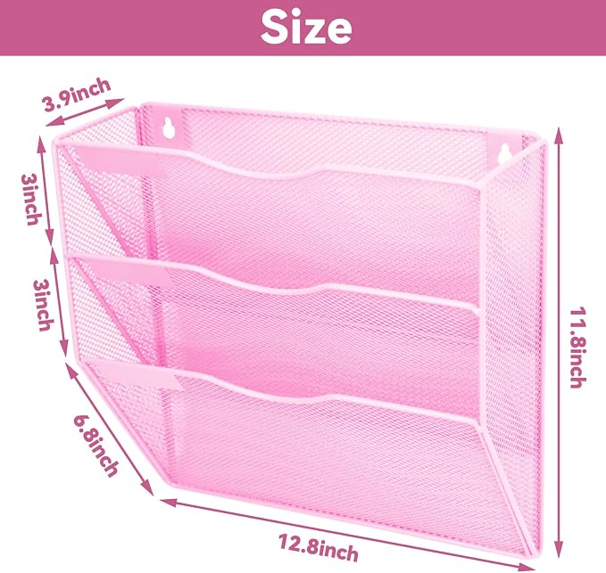 3 Pockets Mesh Wall File Holder Organizer Office Hanging File Folder Magazine Rack, Nametag Label Hooks Set Included (Pink) - Image 2