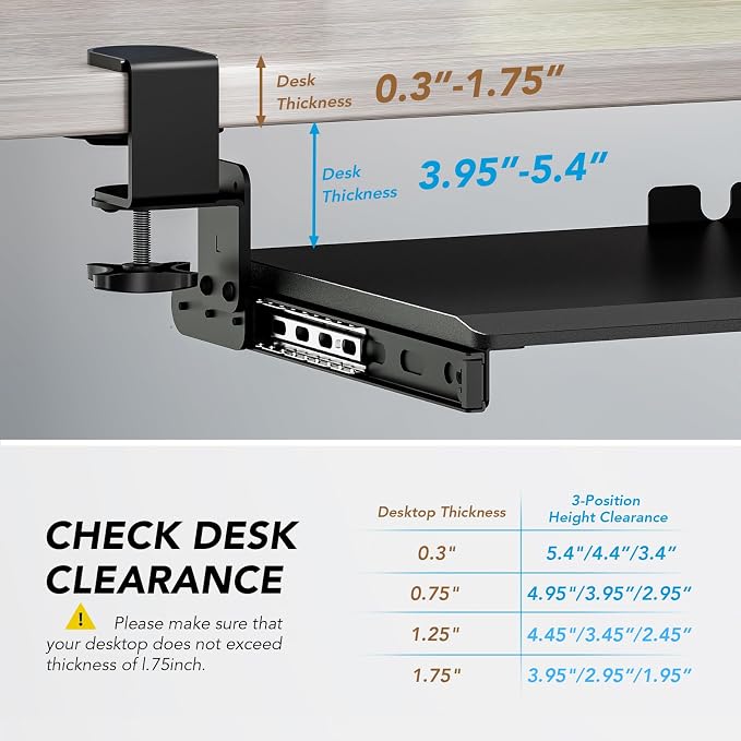 Keyboard Tray Under Desk Pull Out with Extra Sturdy Adjustable C Clamp Mount System, 27.3 (32.5 inch Including Clamps) x 11 Inch Slide-Out Platform Computer Drawer for Typing, Black,AX01WB01 - Image 4