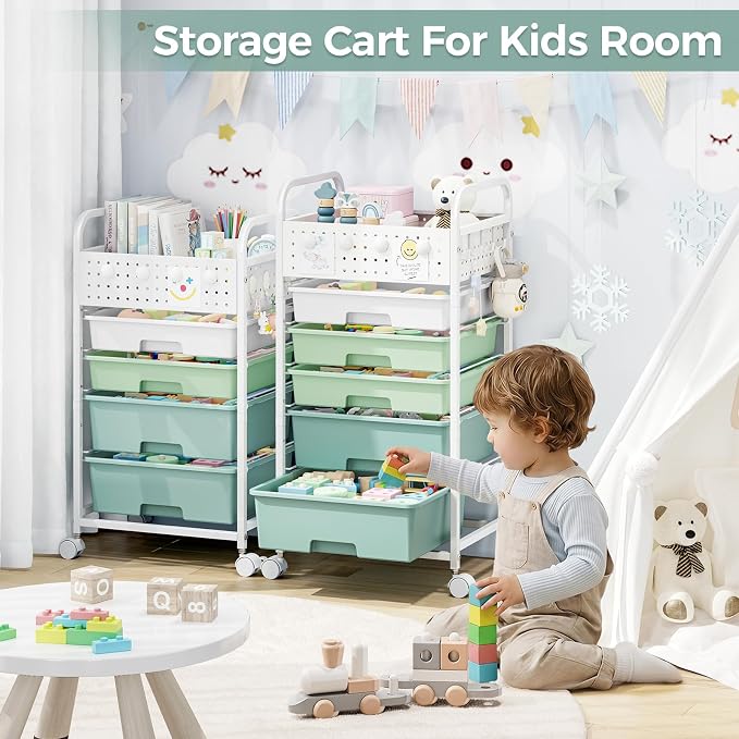 5 Drawer Rolling Storage Cart with Pegboard Top and Hooks, Gradient Green | Mobile Organizer Cart with Wheels for Office Supplies, Craft Storage, Classroom Organization, Home Utility Cart - Image 8