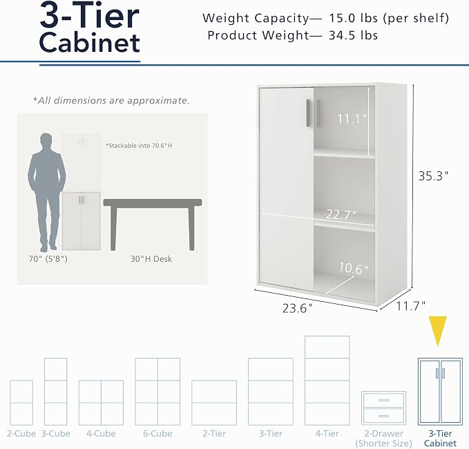 Homes: Inside + Out Apexa 3-Tier Stackable Wood Bookcase with Doors, Cube Storage Organizer Shelves, Small Food Pantry Cabinet, Dorm Teen Room Decor & Bedroom, Home Office, Kitchen, Light Blue - Image 3