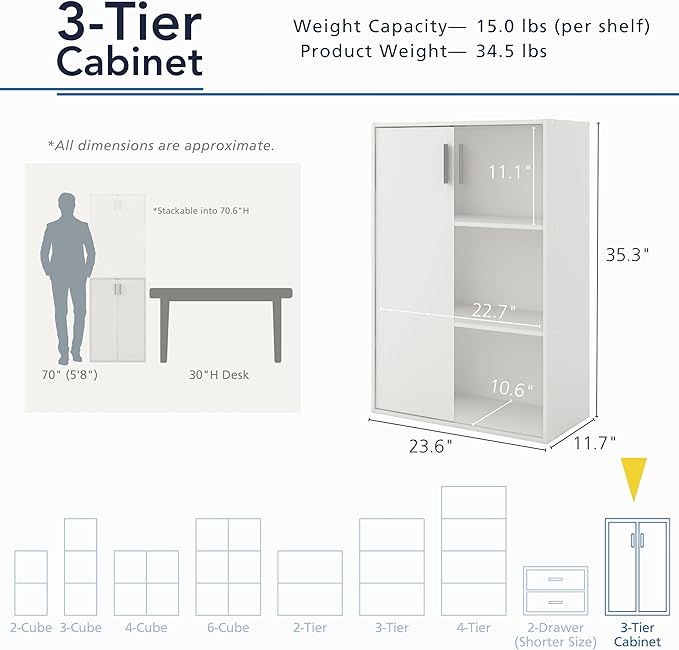 Homes: Inside + Out Apexa 3-Tier Stackable Wood Bookcase with Doors, Cube Storage Organizer Shelves, Small Food Pantry Cabinet, Dorm Teen Room Decor & Bedroom, Home Office, Kitchen, White - Image 3