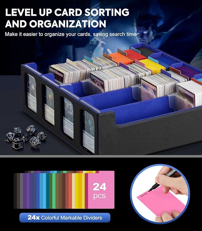 MoKo Card Storage Box for Trading Cards, 3000+ Card Capacity, Black Blue | MTG Deck Box, w/ 24 Colorful Dividers & 4 Card Supporters & Display Window, Deck Case Fits for TCG, PTG and Sport Cards - Image 5