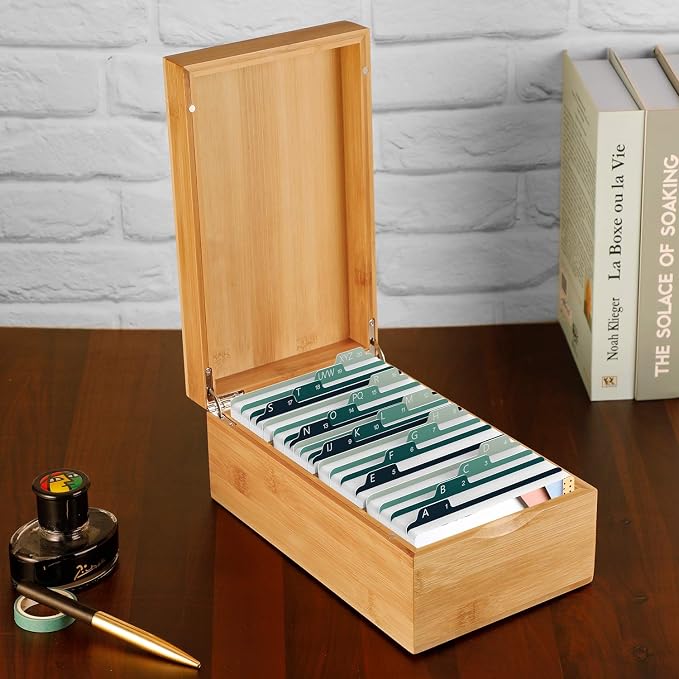 MaxGear Bamboo Business Card Organizer for 3" x 5" Cards | Index Card Holder for Desk, Index Cards Box with A-Z Tabs, Holds 600 Cards, Desktop Organizers for Home, Office - Image 8