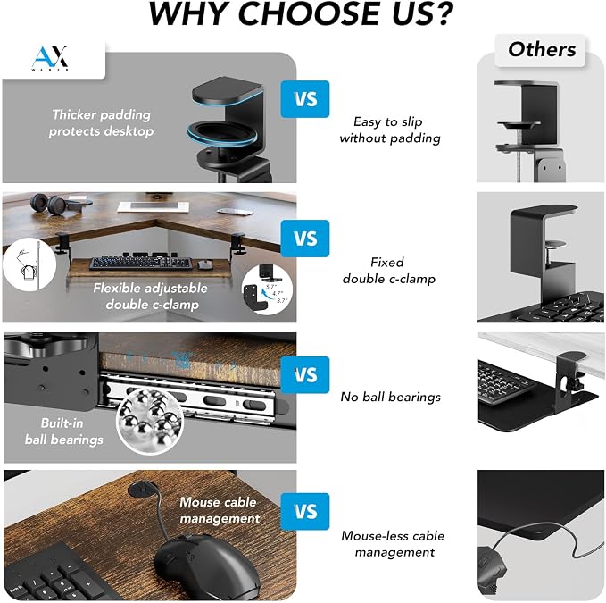 Keyboard Tray Under Desk Pull Out with Extra Sturdy C Clamp Mount System, 32.8 (38 inch Including Clamps) x 12 Inch Slide-Out Platform Computer Drawer for Typing Vintage AX01WG202 - Image 3