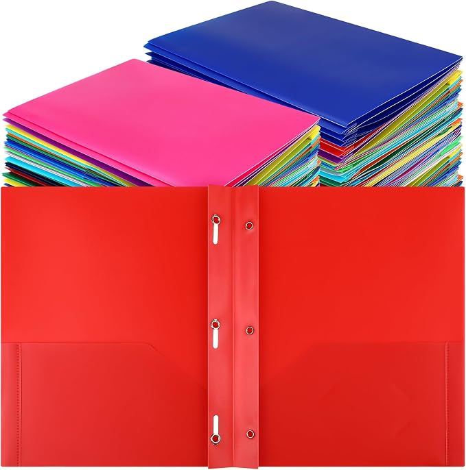 Cholemy 132 Packs Pocket Folders with Prongs Heavy Duty Plastic Folder with Business Card Slot 3 Prong Fasteners for School Office (Bright) by Cholemy
