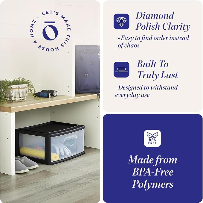 HOMZ 2-Pack 1-Drawer Storage Cart, Clear Plastic Container, 15" Wide Body, Black Frame - Organizing Drawer Containers for Home, Bathroom, Bedroom, Office, and Classroom - Image 4