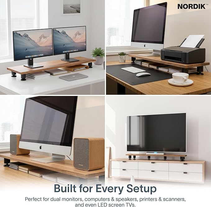 Nordik Dual Monitor Stand Riser -Hardwood Acacia Monitor Shelf (42x10.5 in) | Premium Handmade Acacia Wood Monitor Stand - Easy to Assemble Monitor Riser - Double Monitor Riser with Storage Organizer - Image 6