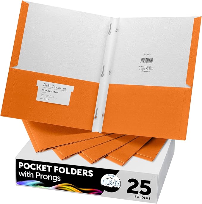 FILE-EZ Two-Pocket Folders with 3-Prong Fasteners, Orange Color, 25-Pack, Durable Textured Paper, Matte Finish, Letter Sheet Size (EZ-92565) by FILE-EZ